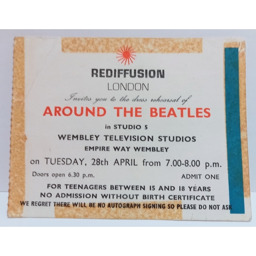 3 - Around The Beatles Tuesday 28th April 1964 ticket stub for recording at Wembley Television Studios.