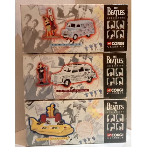 76 - Three Corgi Toys - Yellow Submarine, Bedford Van and Newspaper Taxi.