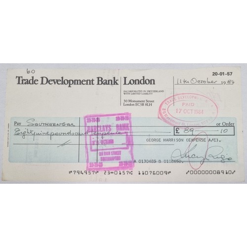 179 - George Harrison expense a/c cheque dated 11th October 1984 made payable to Southern Gas signed by Lu... 