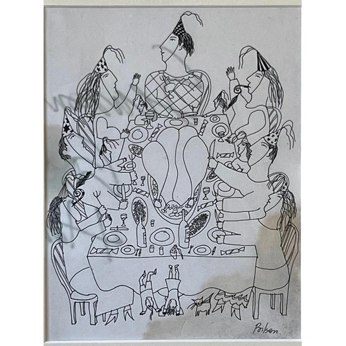 135 - HARRY BILSON, PEN AND INK DRAWING, 'CHRISTMAS DINNER', SINGED LOWER RIGHT, APPROX 18.5 x 14cm