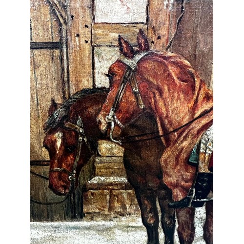 232 - F HARRISON, OIL ON CANVAS, 'NO ROOM AT THE INN', SIGNED AND DATED LOWER LEFT, APPROX 33 x 49cm