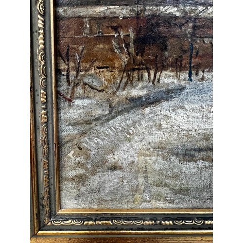 232 - F HARRISON, OIL ON CANVAS, 'NO ROOM AT THE INN', SIGNED AND DATED LOWER LEFT, APPROX 33 x 49cm