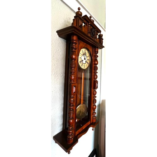 239 - RTV - POLISHED WALNUT CASED VIENNA CLOCK, SPRING DRIVEN, APPROX 117cm HIGH AND 46cm WIDE AND 17.5cm ... 