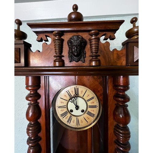 239 - RTV - POLISHED WALNUT CASED VIENNA CLOCK, SPRING DRIVEN, APPROX 117cm HIGH AND 46cm WIDE AND 17.5cm ... 