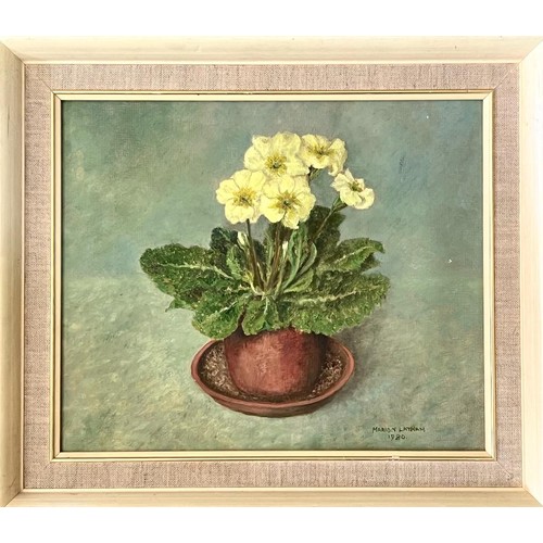 306 - MARION LATHAM, OIL ON PAPER, 'POLYANTHUS', APPROX 24 x 28cm