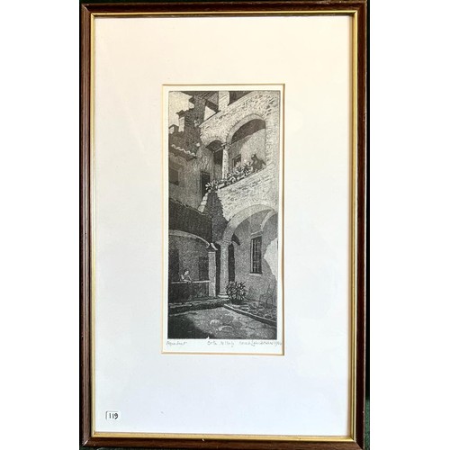 61 - NORAH LAINBOURNE, AQUA TINT, ORTA. N. ITALY, FRAMED, APPROX 24 x 10.5cm