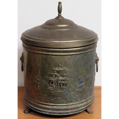 73 - Vintage brass coal bucket with cover, on ball and claw supports. Approx. 44cm H