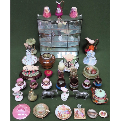 231 - Glazed display case, various sundry ceramics, brass items, onyx, glass etc