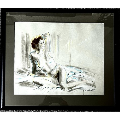 87 - N S LARET, WATERCOLOUR, RECLINING FEMALE FIGURE, FRAMED AND GLAZED, APPROX 49 x 60cm