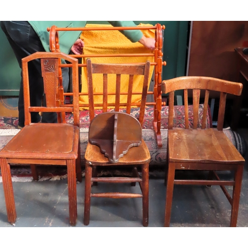 178 - Three various oak/elm country style single chairs, plus pine towel rail and small wall bracket