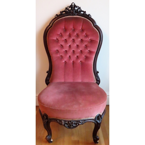 78 - 19th century carved mahogany framed and upholstered low button back nursing chair. Approx. 112 x 58 ... 