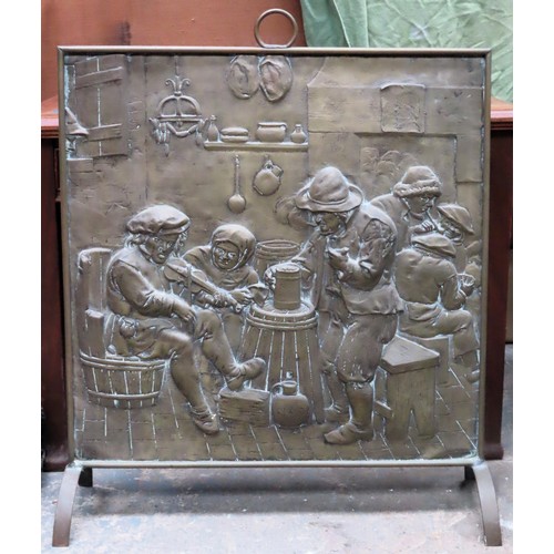 86 - Large early 20th century firescreen, repousse decorated with a old country pub scene. App. 97cm H x ... 