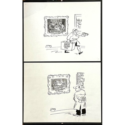 67 - LANG, TWO ORIGINAL CARTOON ARTWORKS, 'THE CARD PLAYERS', GLAZED, EACH APPROX 20 x 25cm