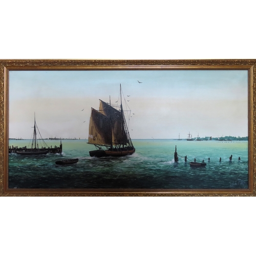 112 - Kevin Platt - Gilt framed oil on canvas - Leaving Port. Approx. 65 x 90cms