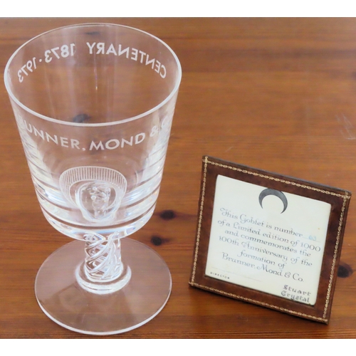80 - Stuar Crystal commemorative etched air twist glass - 100th Anniversary of Brunner Mond & Co. Approx.... 