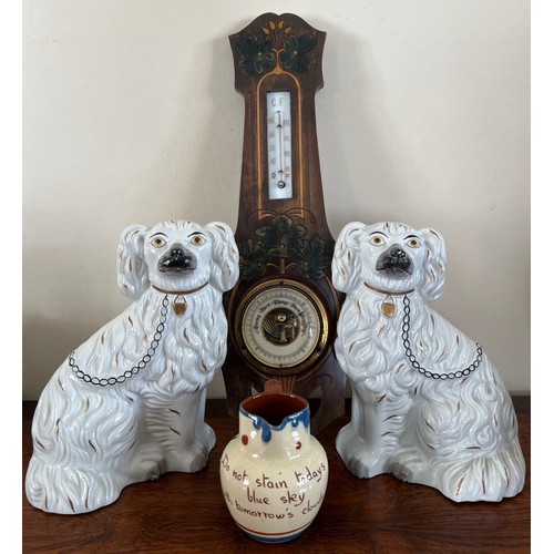 83 - RTV- PAIR OF CHINA DOGS, BAROMETER, ALSO MOTTO WARE JUG