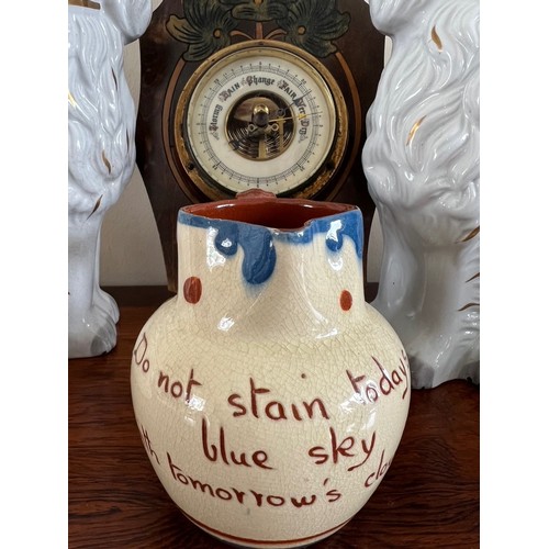 83 - RTV- PAIR OF CHINA DOGS, BAROMETER, ALSO MOTTO WARE JUG