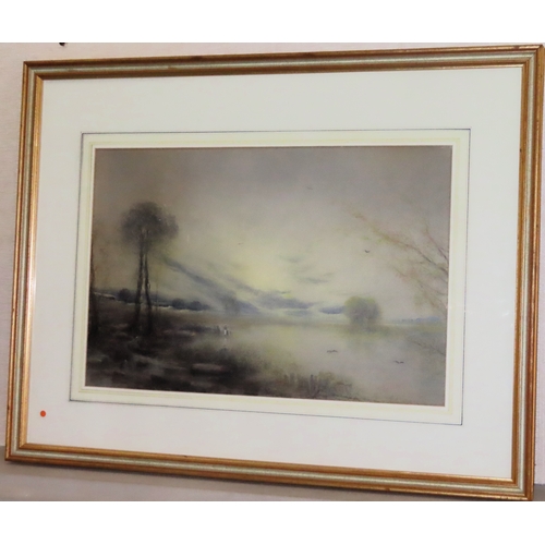 86 - Framed polycrome print depicting a country field scene with figures. Approx. 33 x 49cm