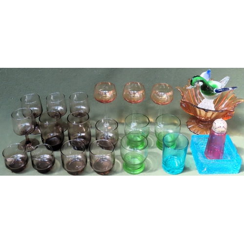115 - Quantiy of various coloured glassware including Whitefriars style ashtray etc