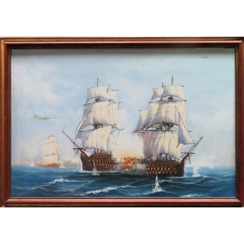 117 - Large 1970's framed oil on canvas depicting two clipper ships battling. Approx. 61cms x 91cms