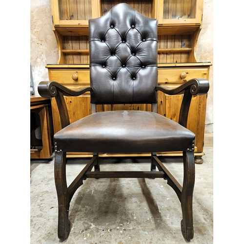 4 - Early 20th century oak upholstered throne style button back armchair. Approx. 122 x 64 x 56cms