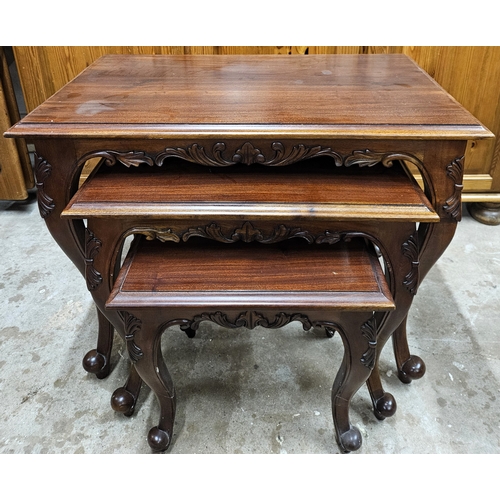 5 - 20th century carved nest of three tables. Approx. 53 x 66 x 40cms