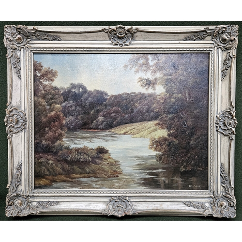 15 - A. Cook - Framed oil on canvas depicting a country riverside scene. Approx. 39 x 49cms