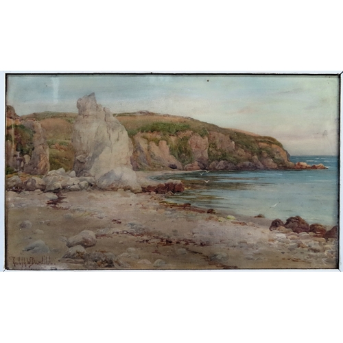 17 - Rudolph W Burchill - Framed watercolour on board depicting a coastal beach scene. Approx. 29 x 51cms