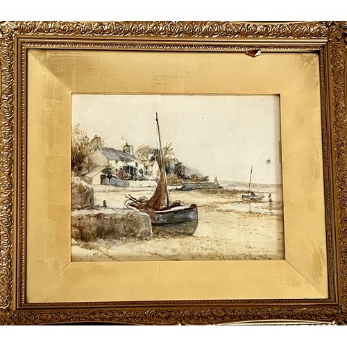 18 - HUGHES CLAYTON, WATERCOLOUR, ANGLESEY FISHING BOATS, FRAMED AND GLAZED, APPROX 24 x 29cm