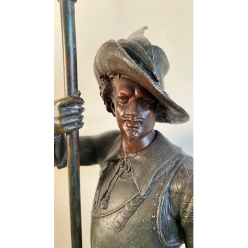 21 - SPELTER PATINATED FIGURE TABLE LAMP, OPAQUE GLASS FLAME SHADE, APPROX 83cm HIGH