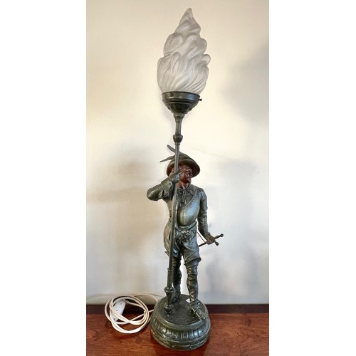 21 - SPELTER PATINATED FIGURE TABLE LAMP, OPAQUE GLASS FLAME SHADE, APPROX 83cm HIGH