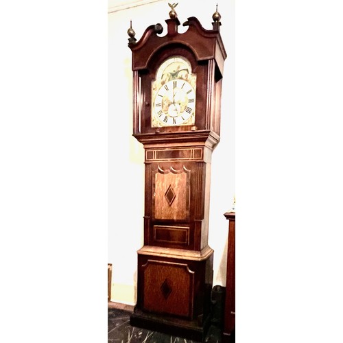 23 - GOOD MAHOGANY AND OAK LONGCASE CLOCK WITH WELL PAINTED ARCHED DIAL BY GA DAVIES HOLYWELL, APPROX 242... 