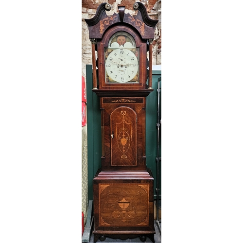 25 - 19the century inlaid mahogany cased longcase clock with hand painted and enamelled rolling moon dial... 