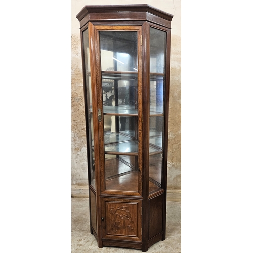 30 - 20th century Oriental hardwood corner glazed display cabinet with carved decorative panels. Approx. ... 