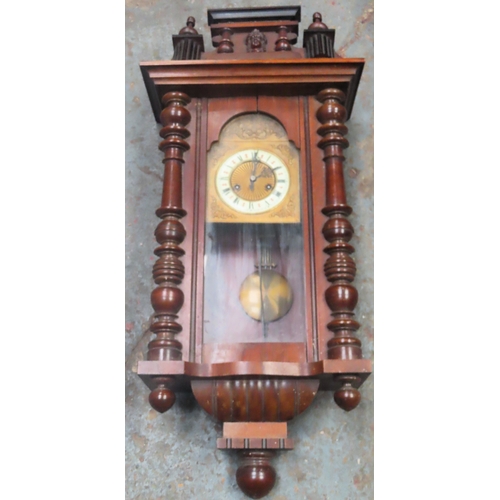 39 - Gustav Becker mahogany cased Vienna wall clock with enamelled circular dial. Approx. 95cms H