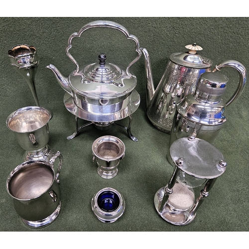 52 - Quantity of various silver plated ware Inc. spirit kettle, coffee pot, cocktail shaker, egg timer, t... 