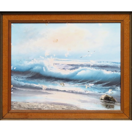 62 - 1970's framed oil on canvas depicting a shoreside scene with crashing waves. Approx.  39 x 50cms