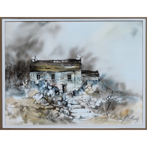 66 - JOHN MOODY, WATERCOLOUR- STONE COTTAGE, APPROXIMATELY 23 x 30cm