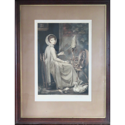 82 - Galain, framed polychrome engraving of a lady with spindle. Approx. 47 x 33cm