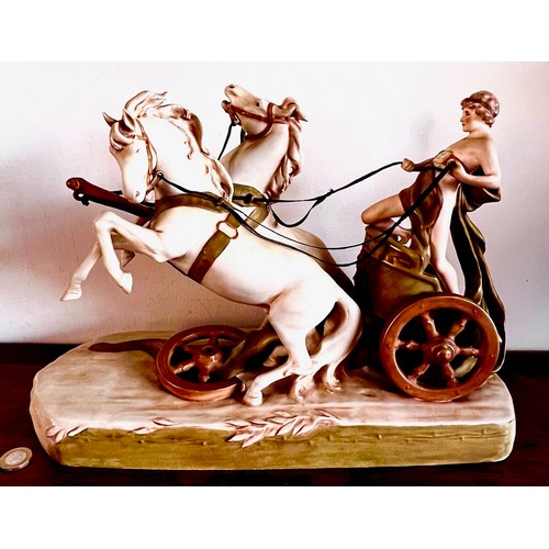 87 - ROYAL DUX FIGURE GROUP, CHARIOTEER AND HORSES, APPROX 28cm HIGH AND 40cm LONG