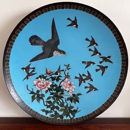 88 - LARGE CLOISONNE PLAQUE DEPICTING SMALL BIRDS PURSUED BY A HAWK 46CMS D