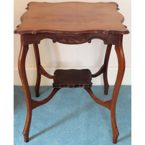 93 - RTV- Mahogany two tier parlour table with shaped top. Approx. 73cm H x 62cm W x 61cm D