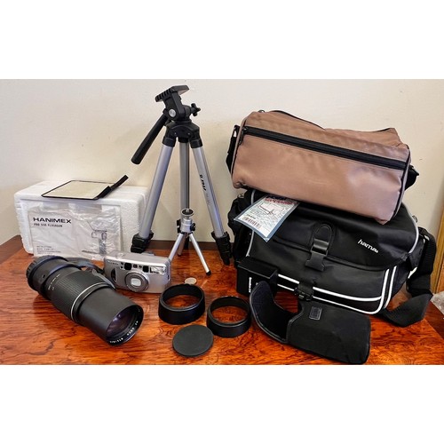 112 - STEINHEIL LENS F300ML, TWO TRIPODS, FLASHGUN, FUGI CAMERA, TWO CARRYING BAGS