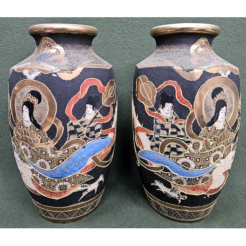 114 - Pair of Japanese hand painted and gilded hexagonal ceramic vases. Approx. 32cms