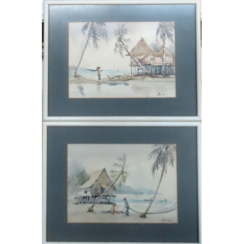 119 - Pair of famed watercolours depicting Oriental beach scenes. Approx. 18 x 25cms