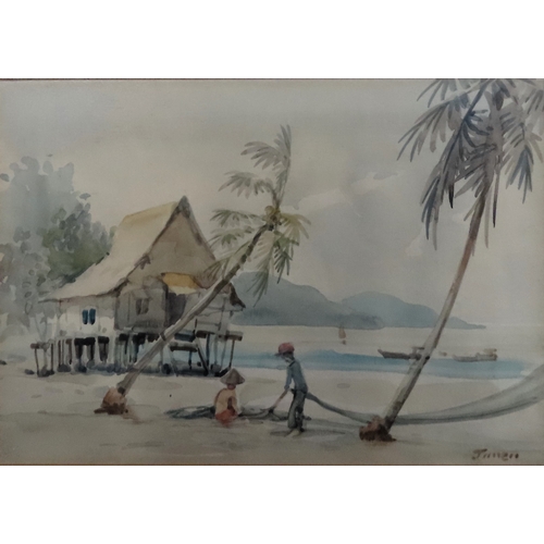 119 - Pair of famed watercolours depicting Oriental beach scenes. Approx. 18 x 25cms