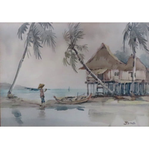 119 - Pair of famed watercolours depicting Oriental beach scenes. Approx. 18 x 25cms