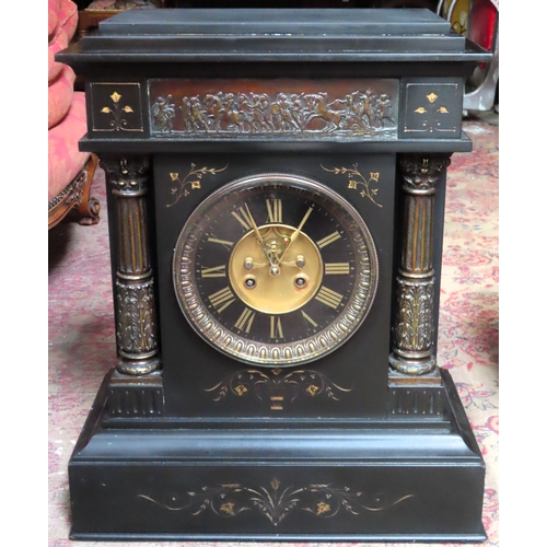 127 - Large Victorian black slate mantle clock with gilt decoration. Approx. 47 x 38 x 19cms