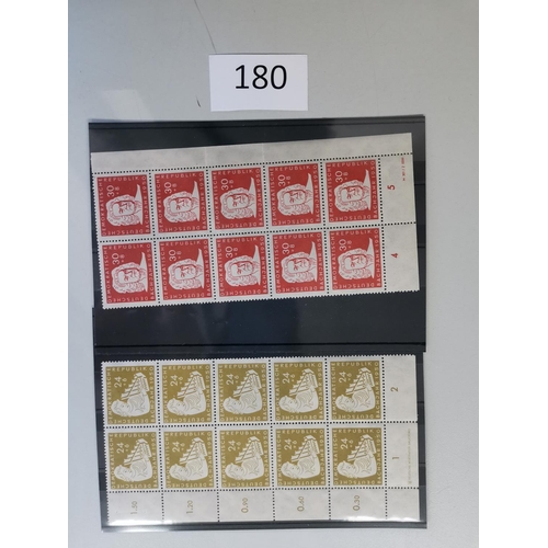 180 - GERMANY.  EAST GERMANY. 1950 Phil. Exhibition 84pf + 41 pf block of 12 and Bach set of 4 in corner b... 