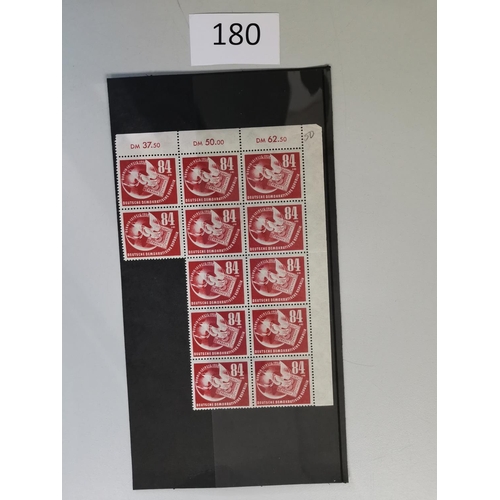 180 - GERMANY.  EAST GERMANY. 1950 Phil. Exhibition 84pf + 41 pf block of 12 and Bach set of 4 in corner b... 